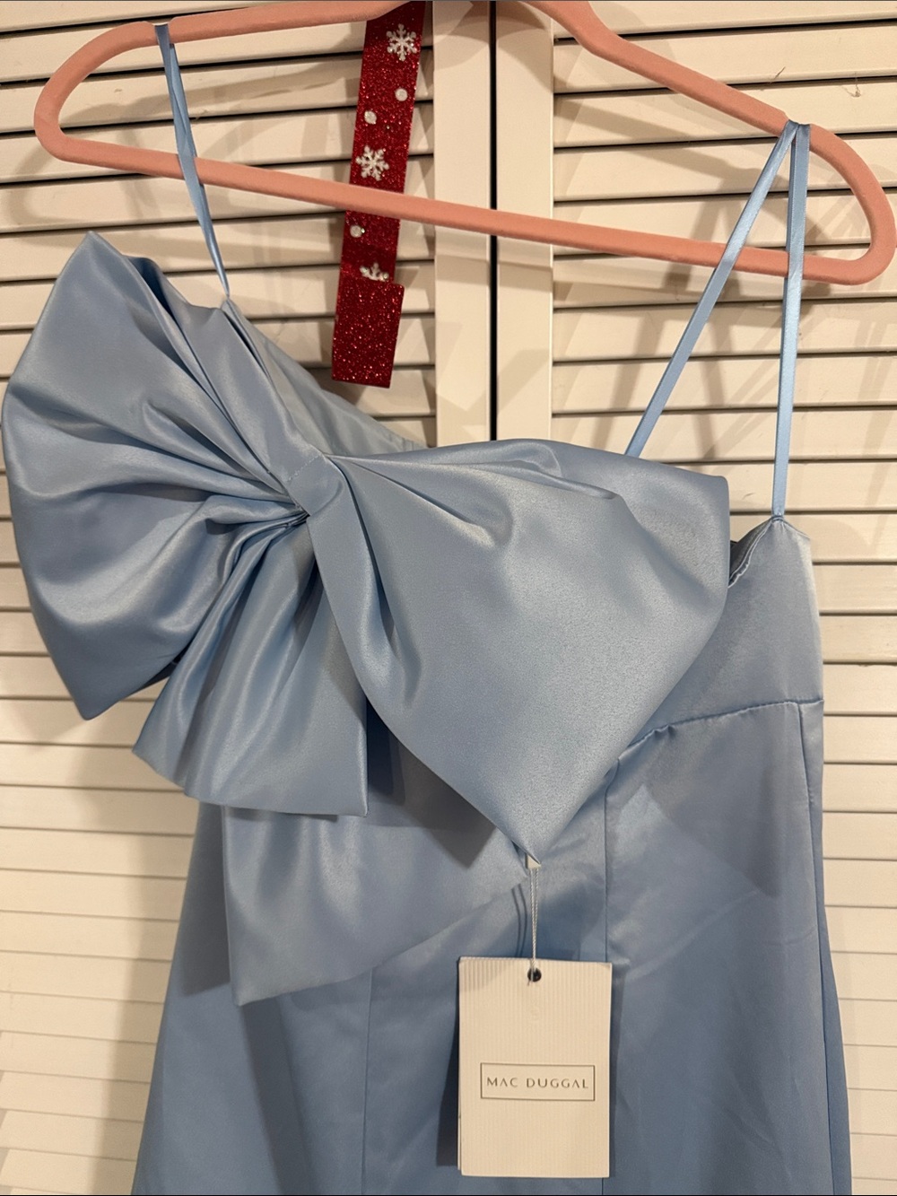 Mac Duggal Strapless Light Blue Satin Gown with Oversized Bow - Picture 8 of 14